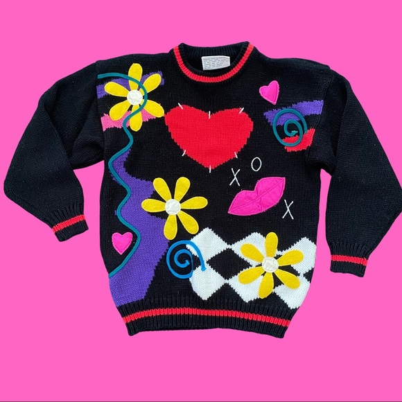 Vintage Sweaters - Vintage 80s Bold Funky Embellished Sweater